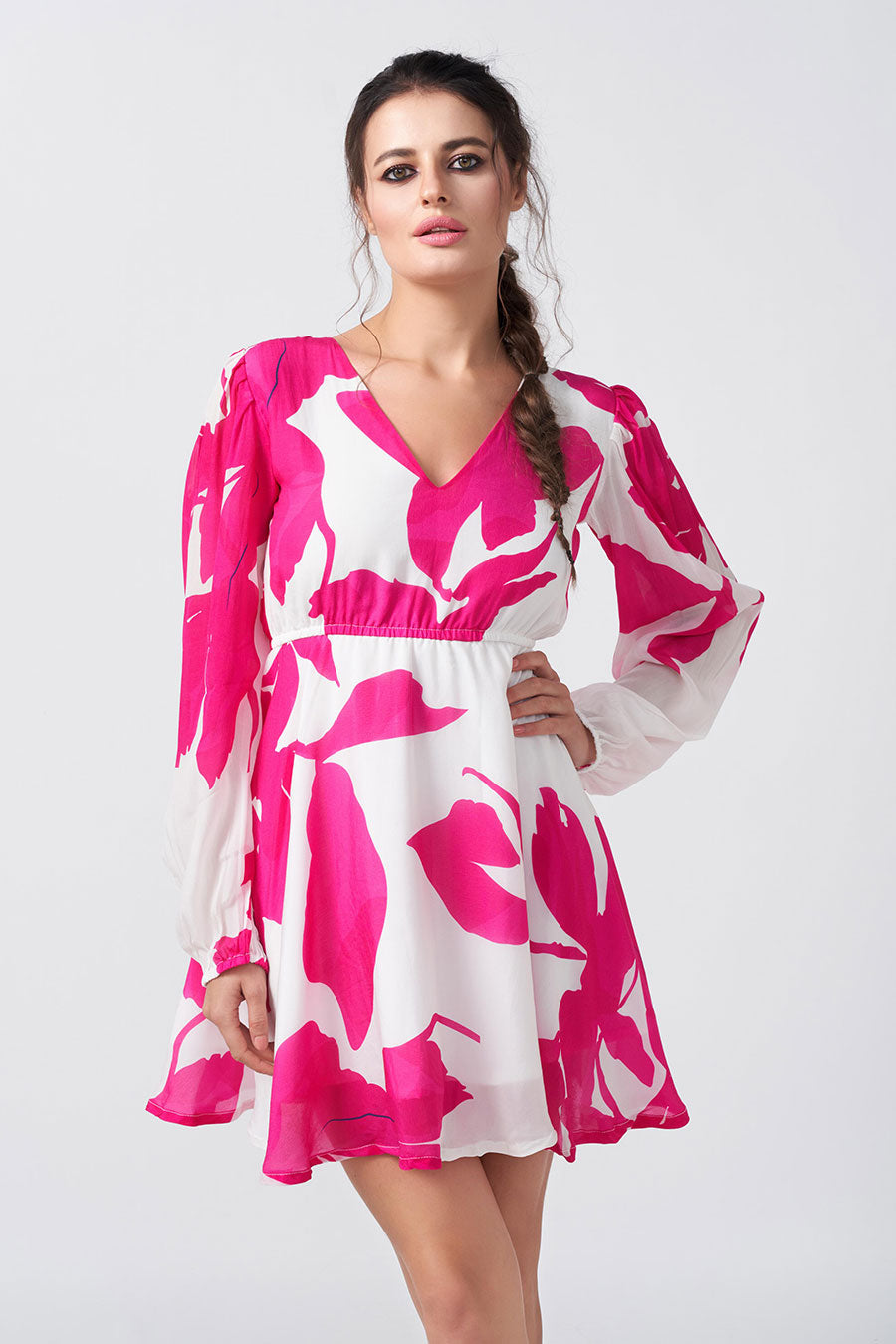 Pink & White Floral Printed Short Dress