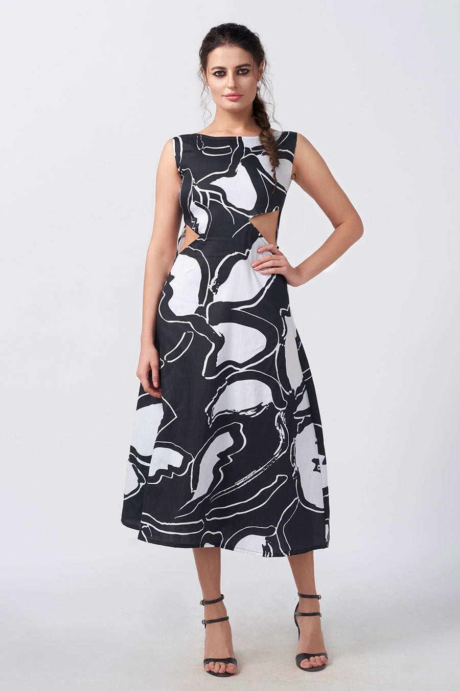 Black & White Abstract Printed Cut-Out Midi Dress