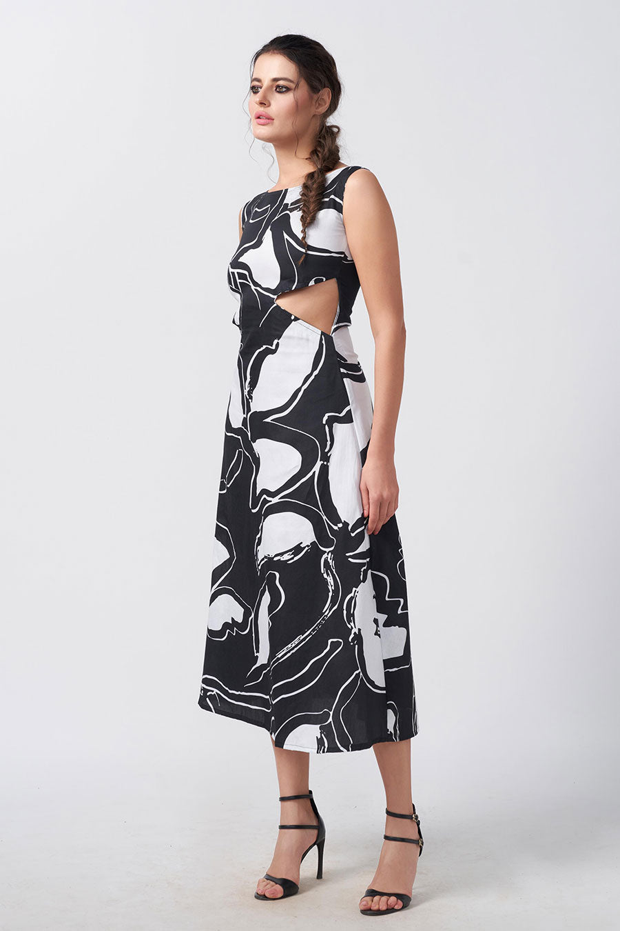 Black & White Abstract Printed Cut-Out Midi Dress
