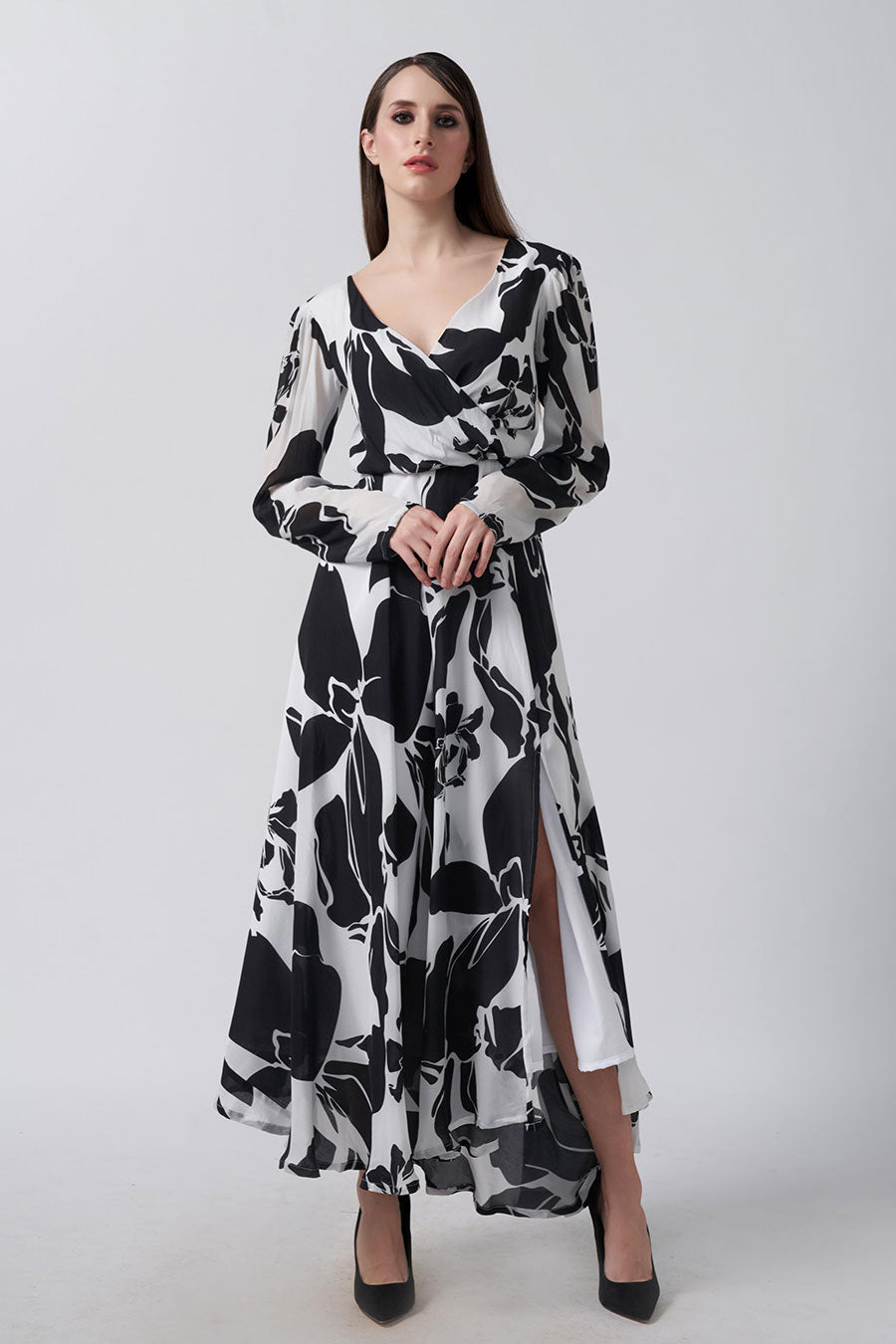 Black & White Abstract Printed Slit Midi Dress