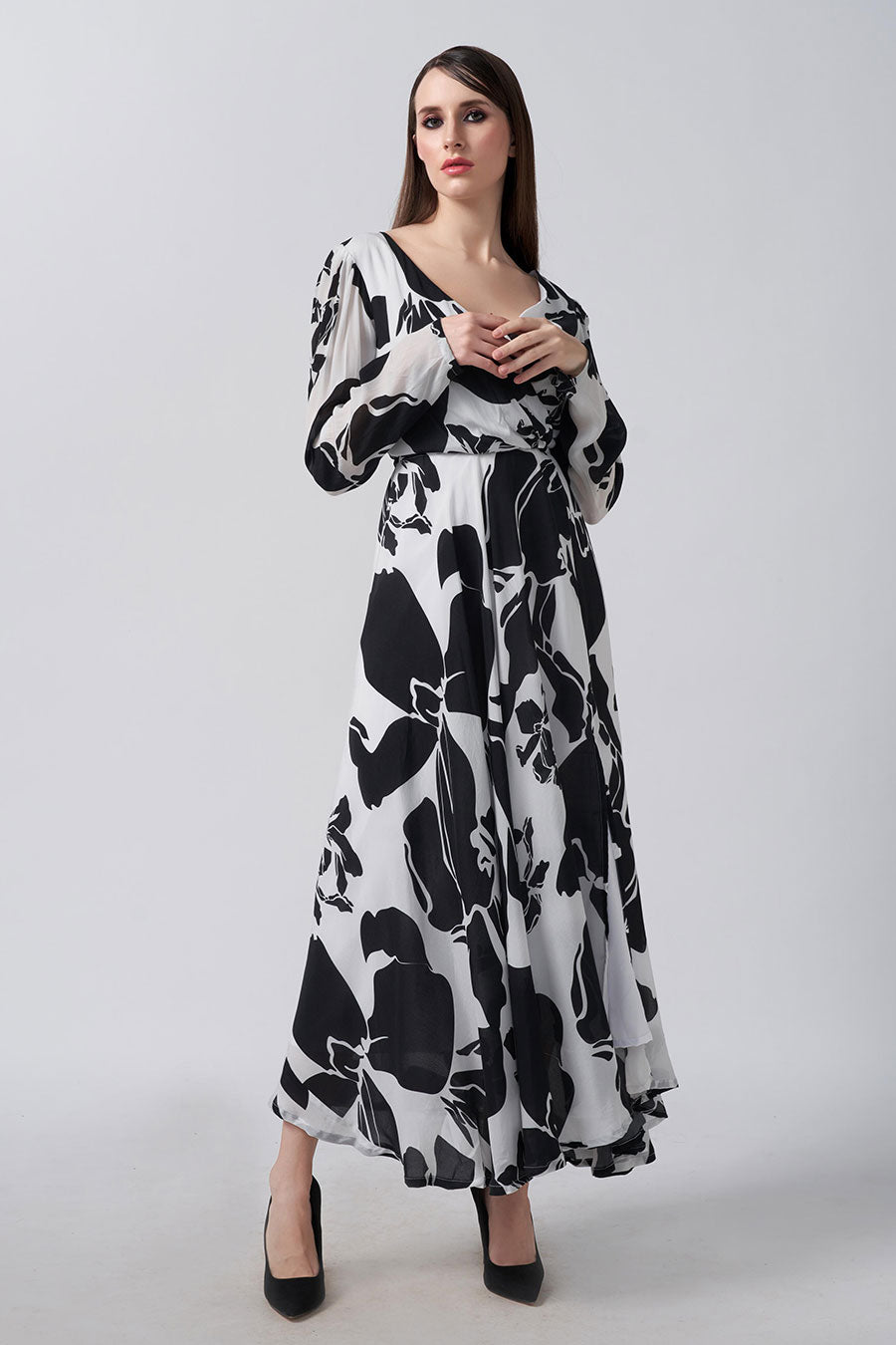 Black & White Abstract Printed Slit Midi Dress