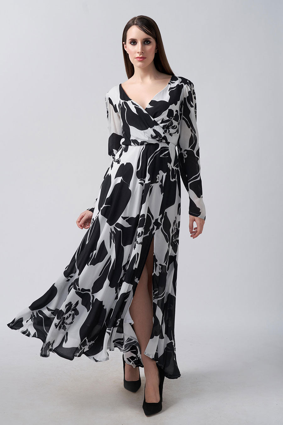 Black & White Abstract Printed Slit Midi Dress