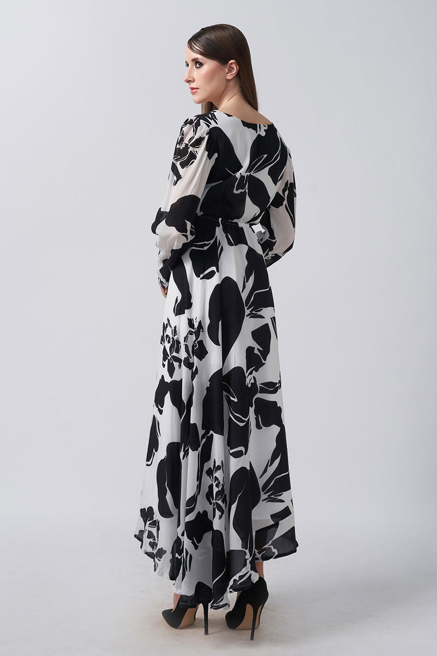 Black & White Abstract Printed Slit Midi Dress