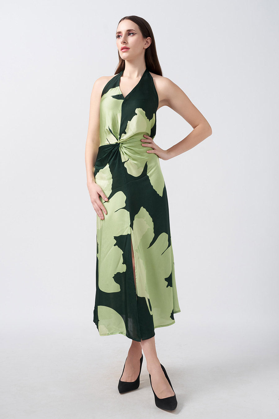 Green Floral Printed Halter Midi Dress