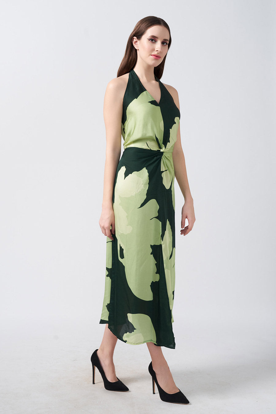 Green Floral Printed Halter Midi Dress