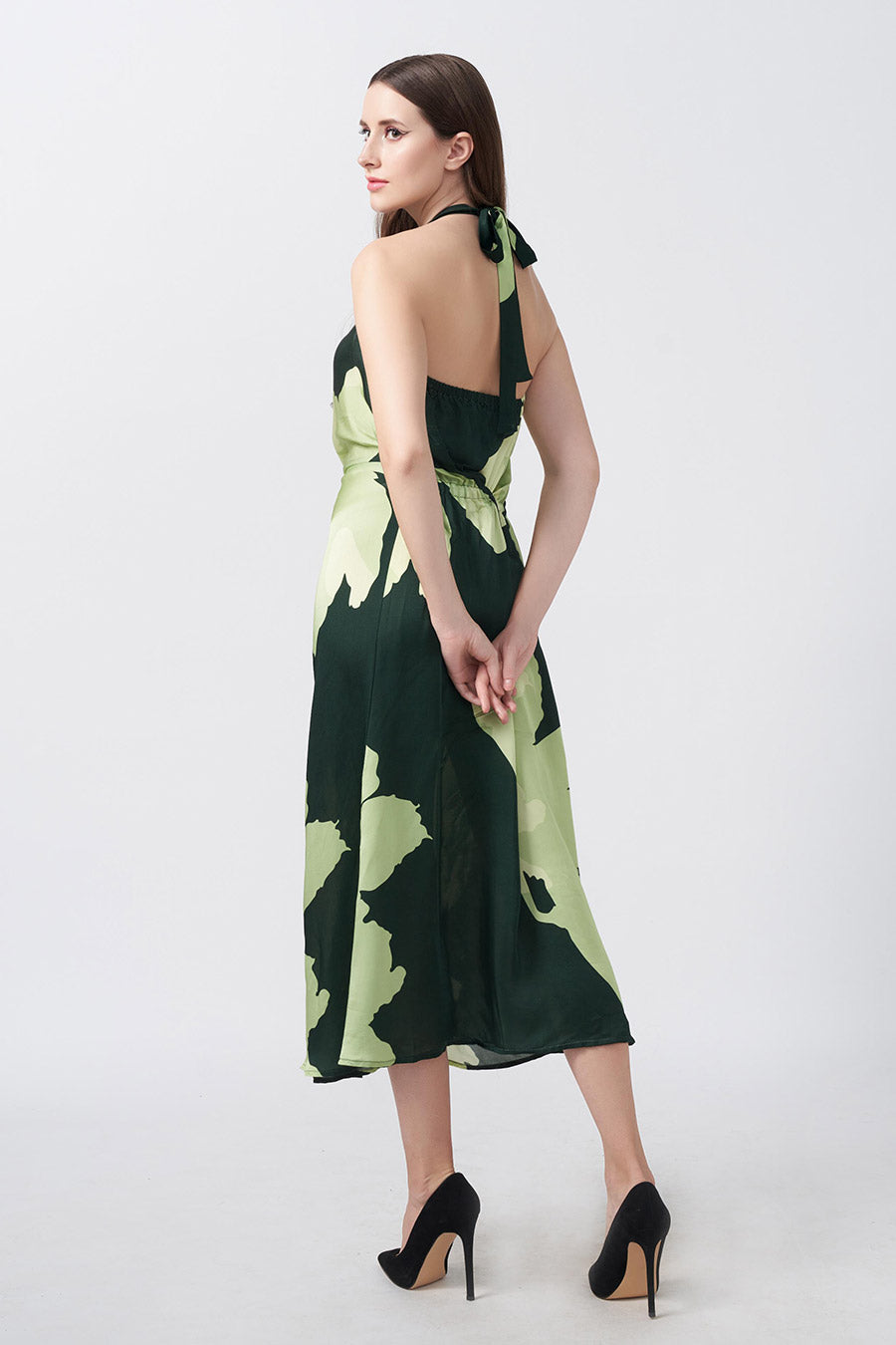 Green Floral Printed Halter Midi Dress