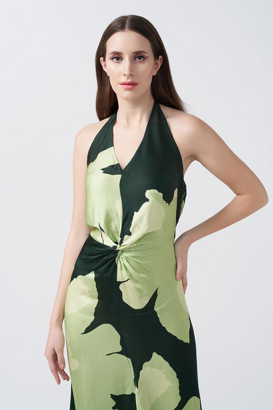Green Floral Printed Halter Midi Dress