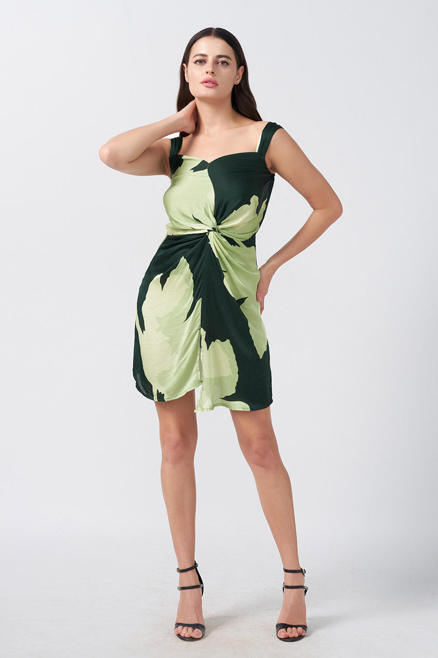 Green Floral Printed Knotted Short Dress