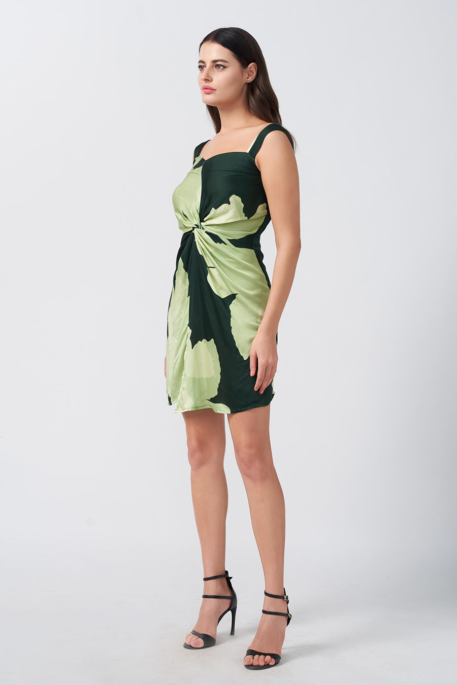 Green Floral Printed Knotted Short Dress