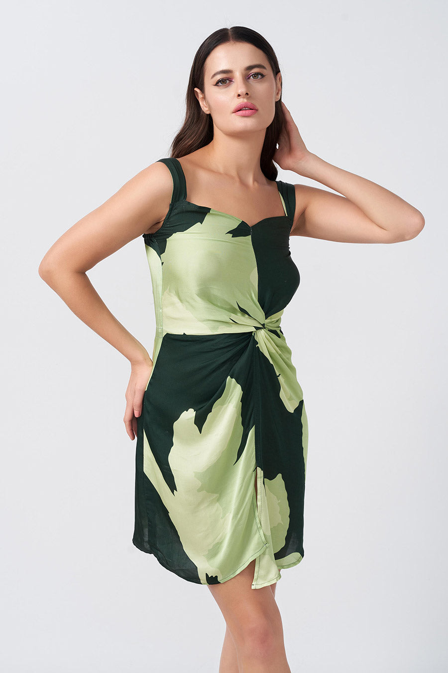 Green Floral Printed Knotted Short Dress