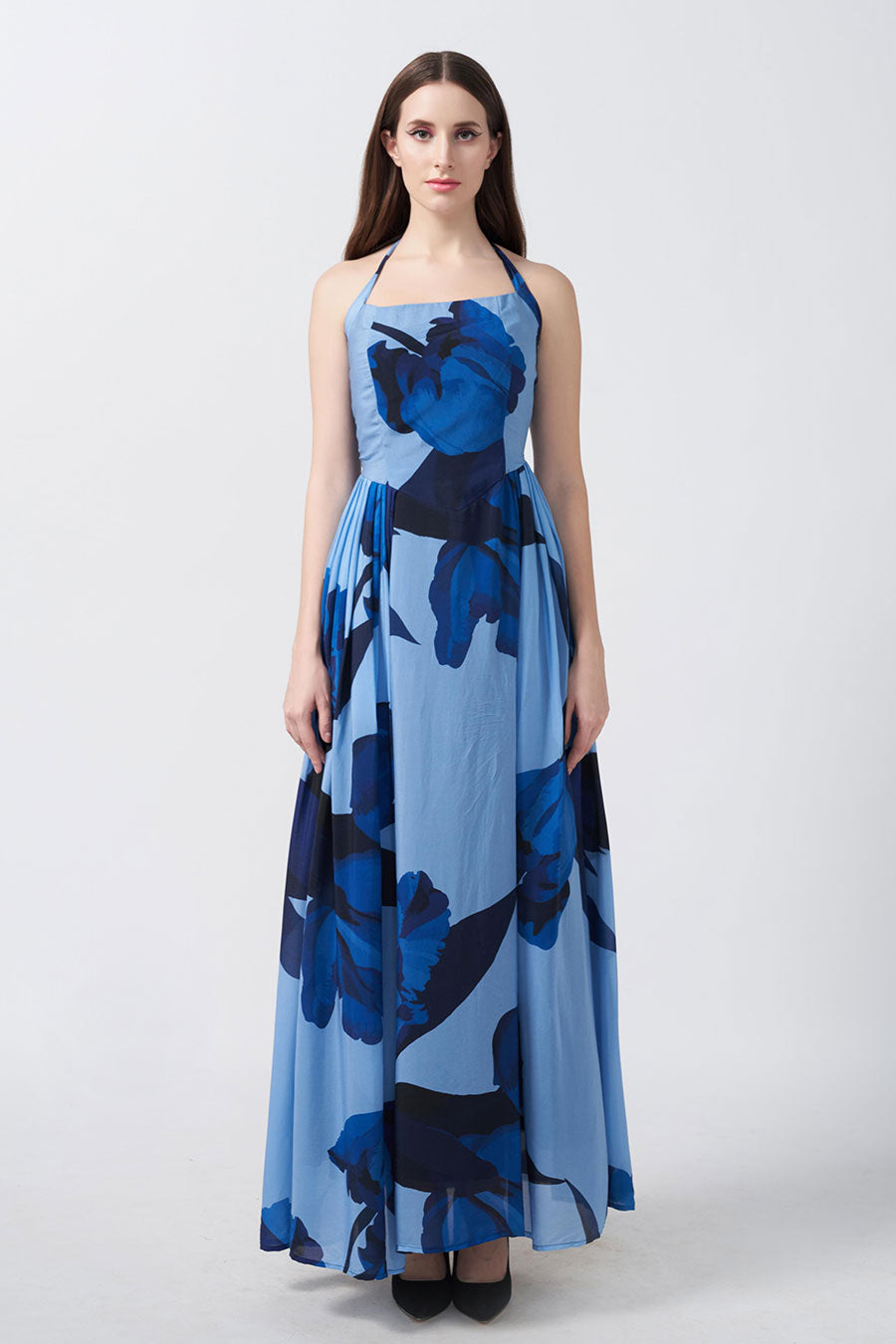 Blue Floral Printed Gathered Long Dress