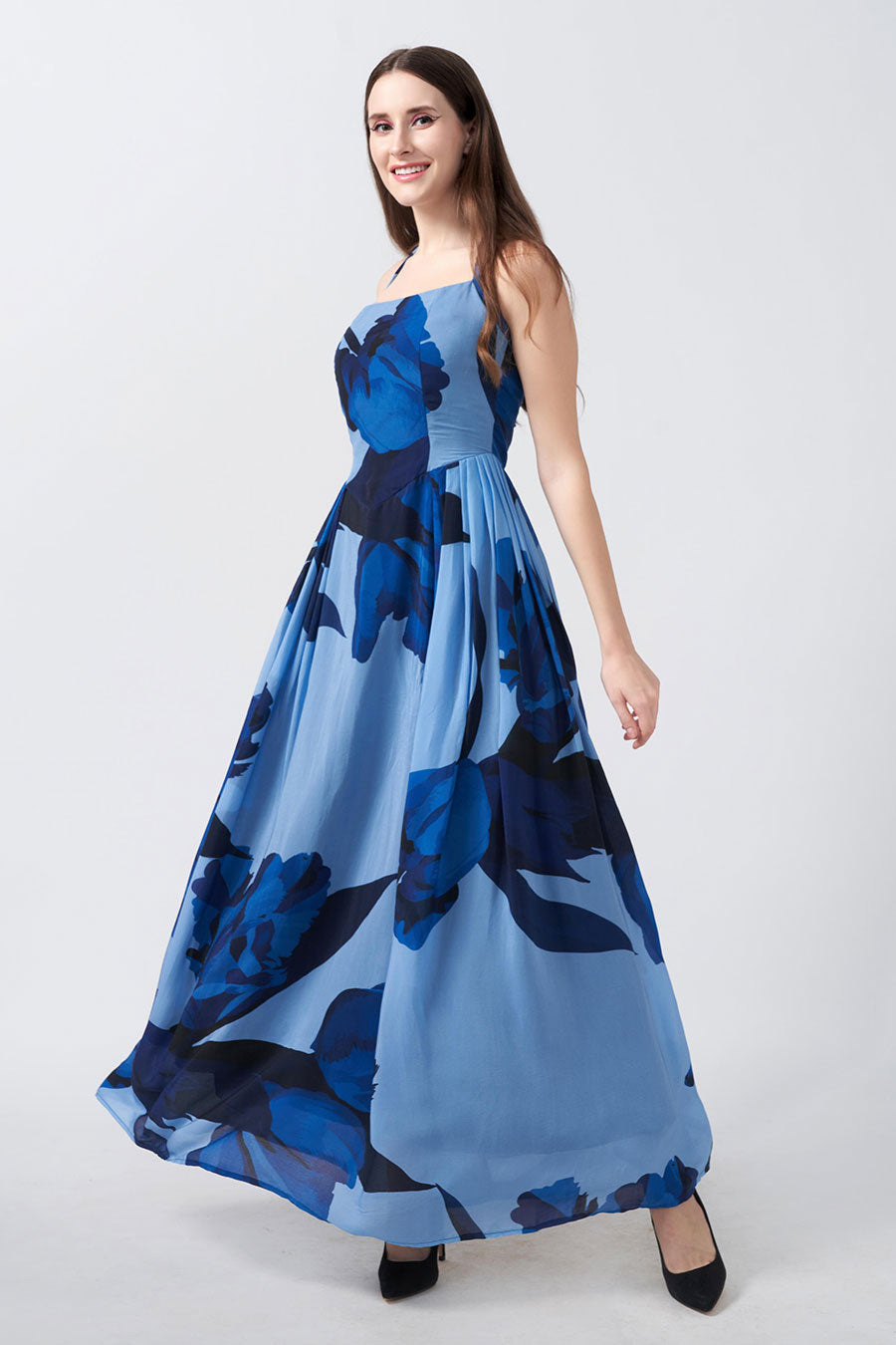 Blue Floral Printed Gathered Long Dress