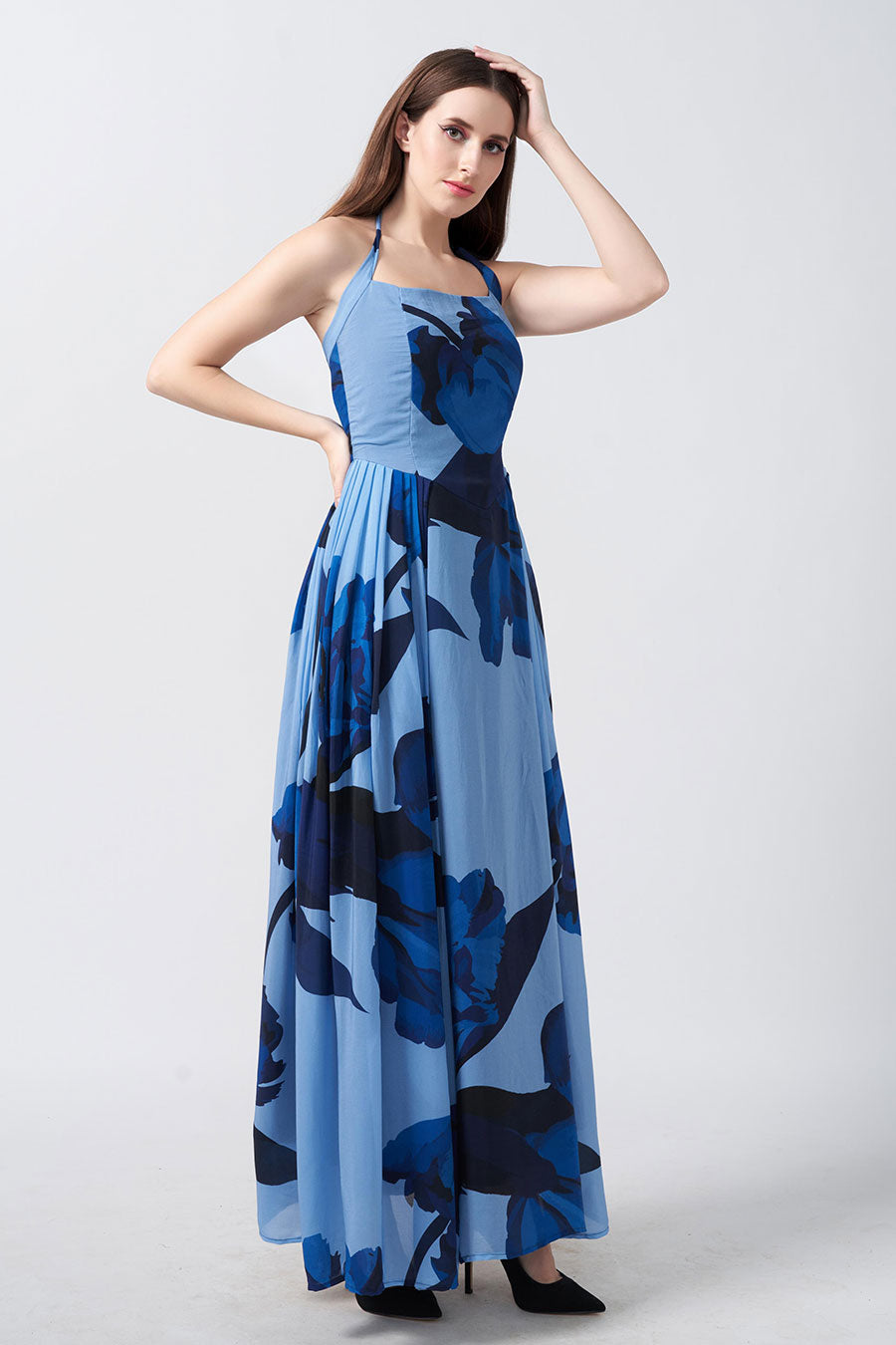Blue Floral Printed Gathered Long Dress