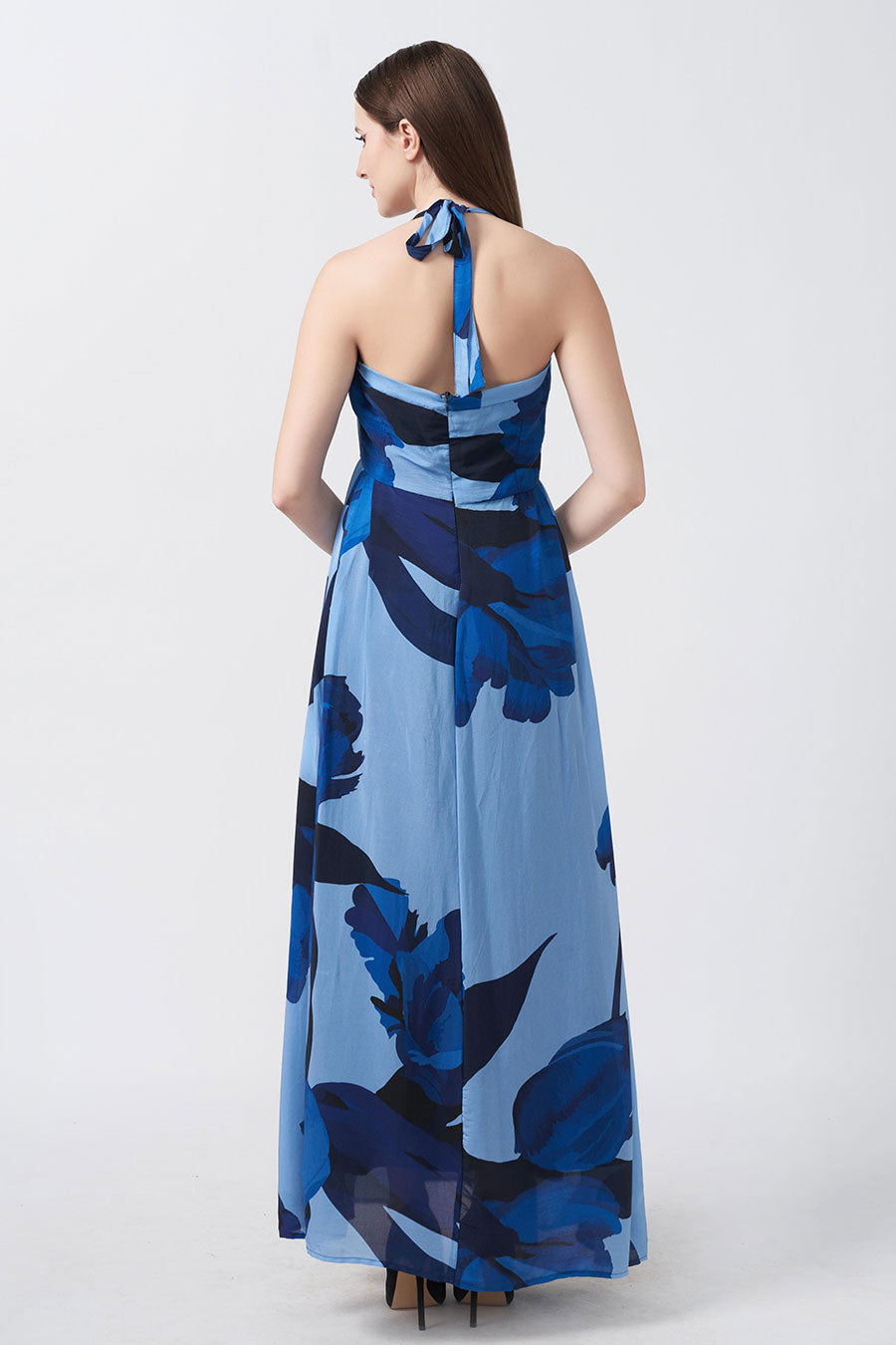 Blue Floral Printed Gathered Long Dress