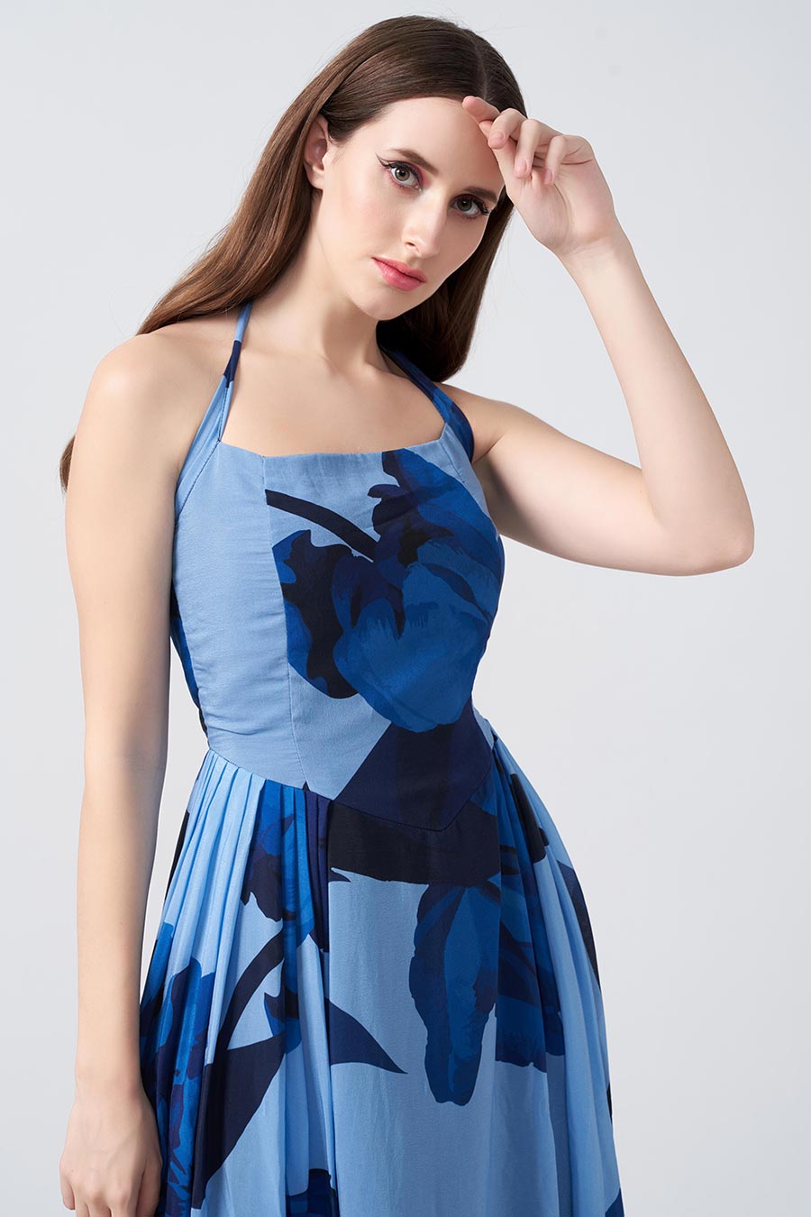 Blue Floral Printed Gathered Long Dress