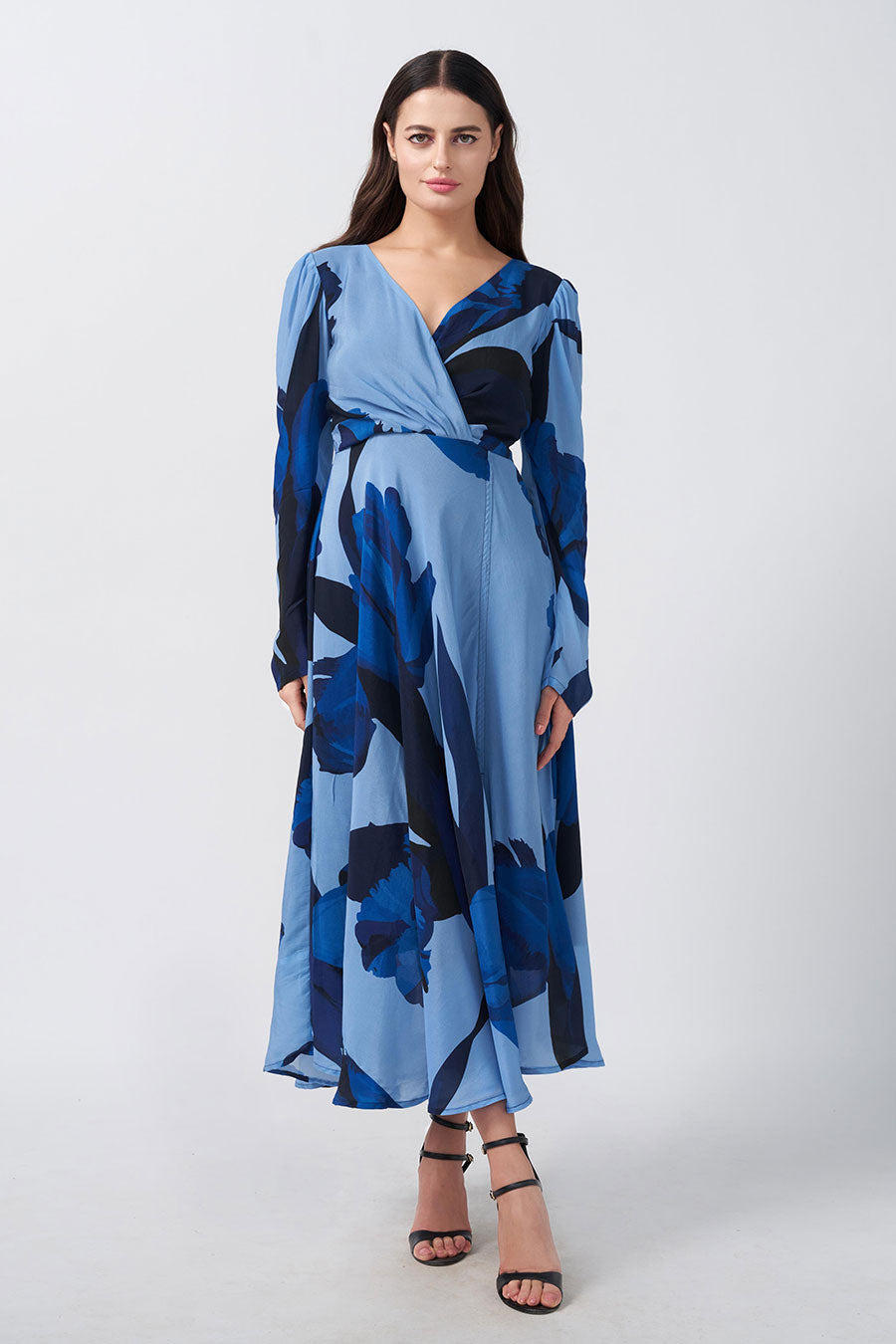 Blue Floral Printed Slit Long Dress