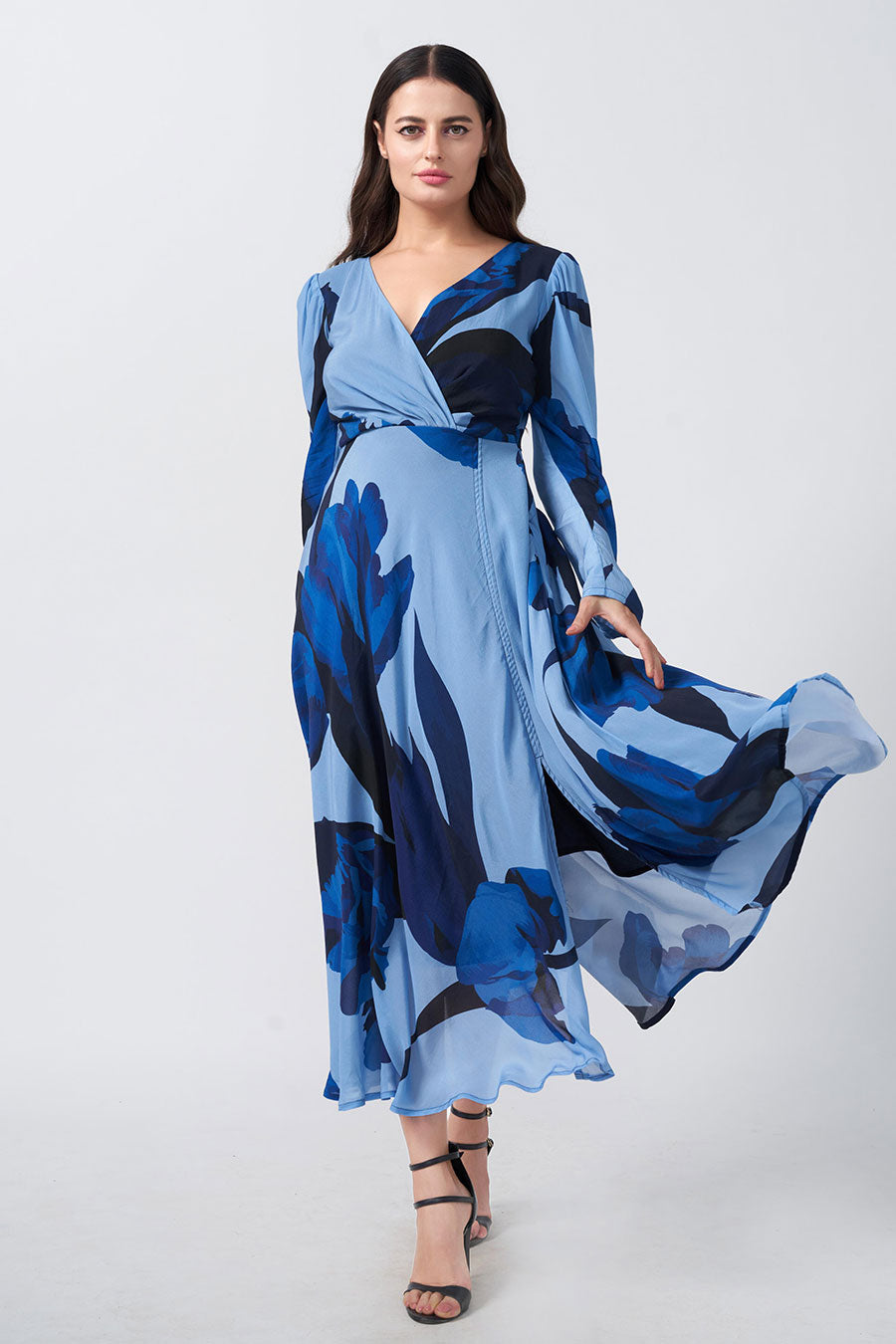 Blue Floral Printed Slit Long Dress