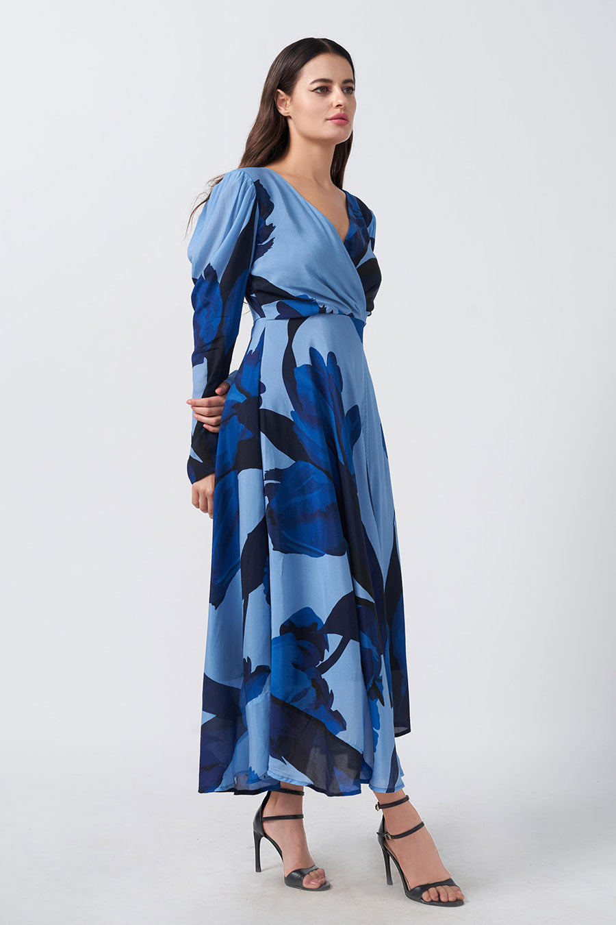 Blue Floral Printed Slit Long Dress