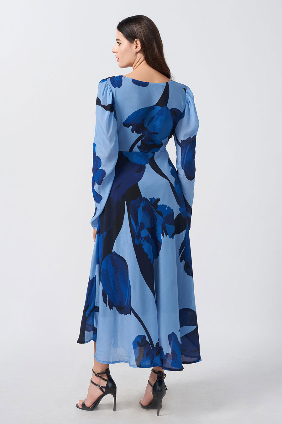 Blue Floral Printed Slit Long Dress