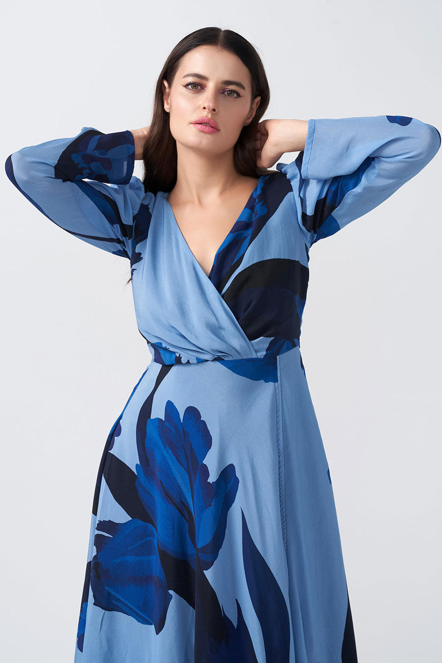 Blue Floral Printed Slit Long Dress