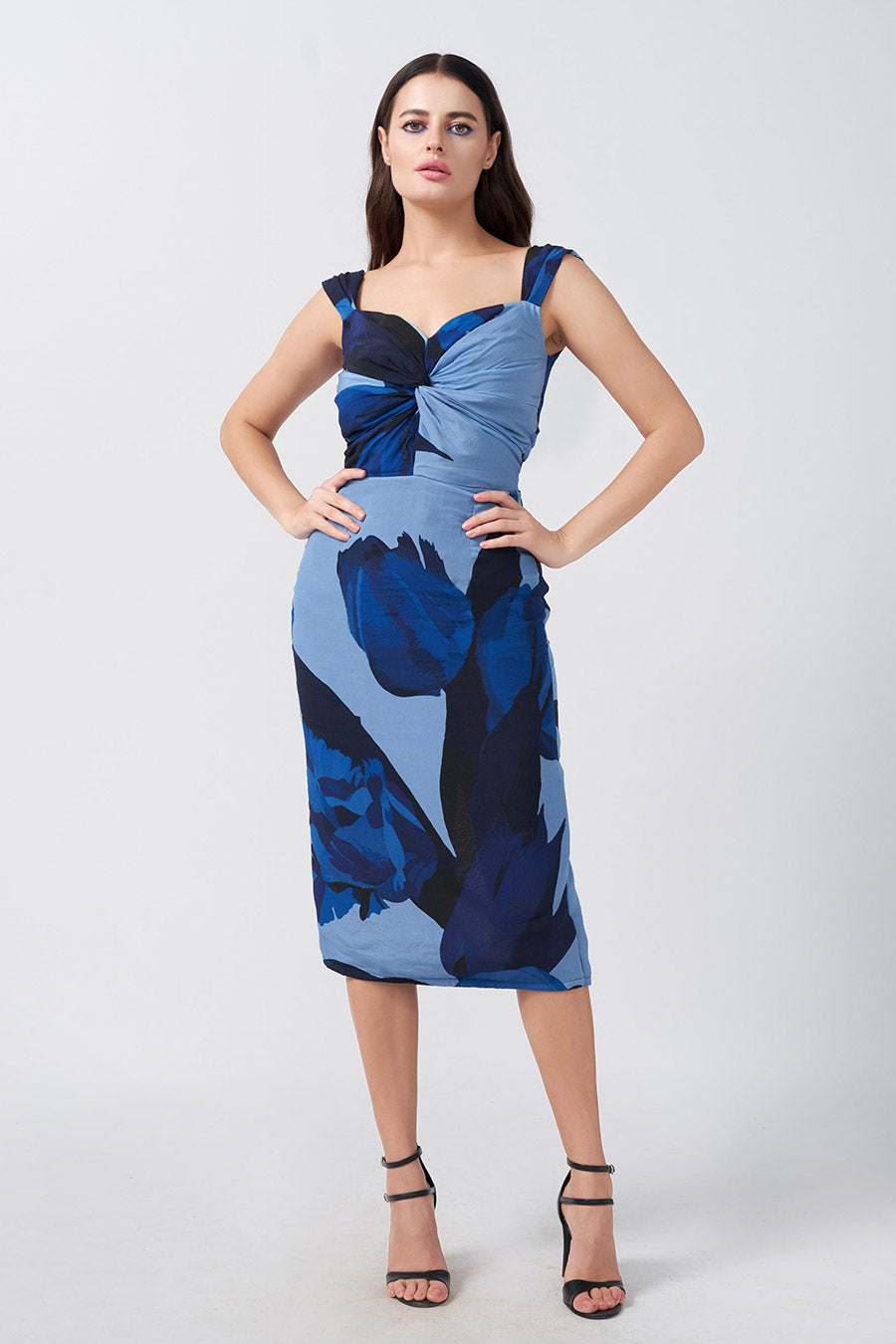 Blue Floral Printed Midi Dress