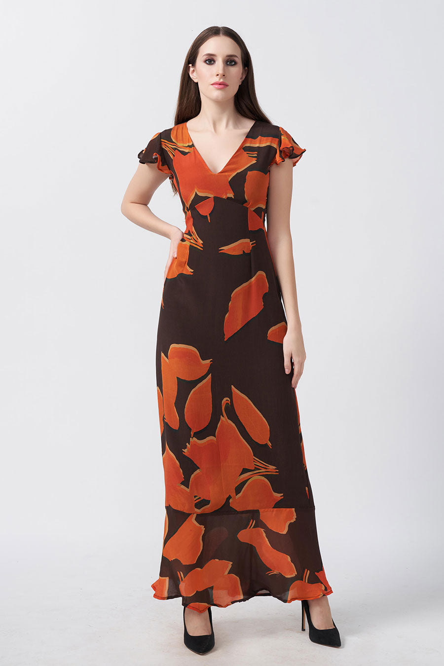 Brown Abstract Printed Long Dress