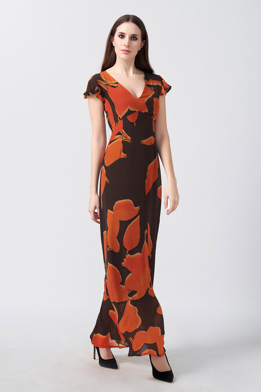 Brown Abstract Printed Long Dress