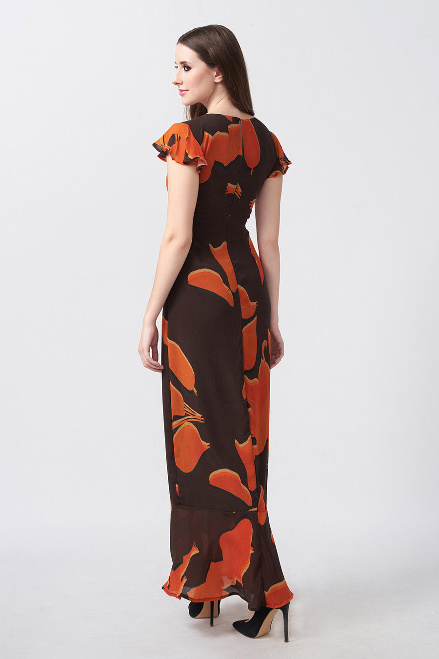 Brown Abstract Printed Long Dress