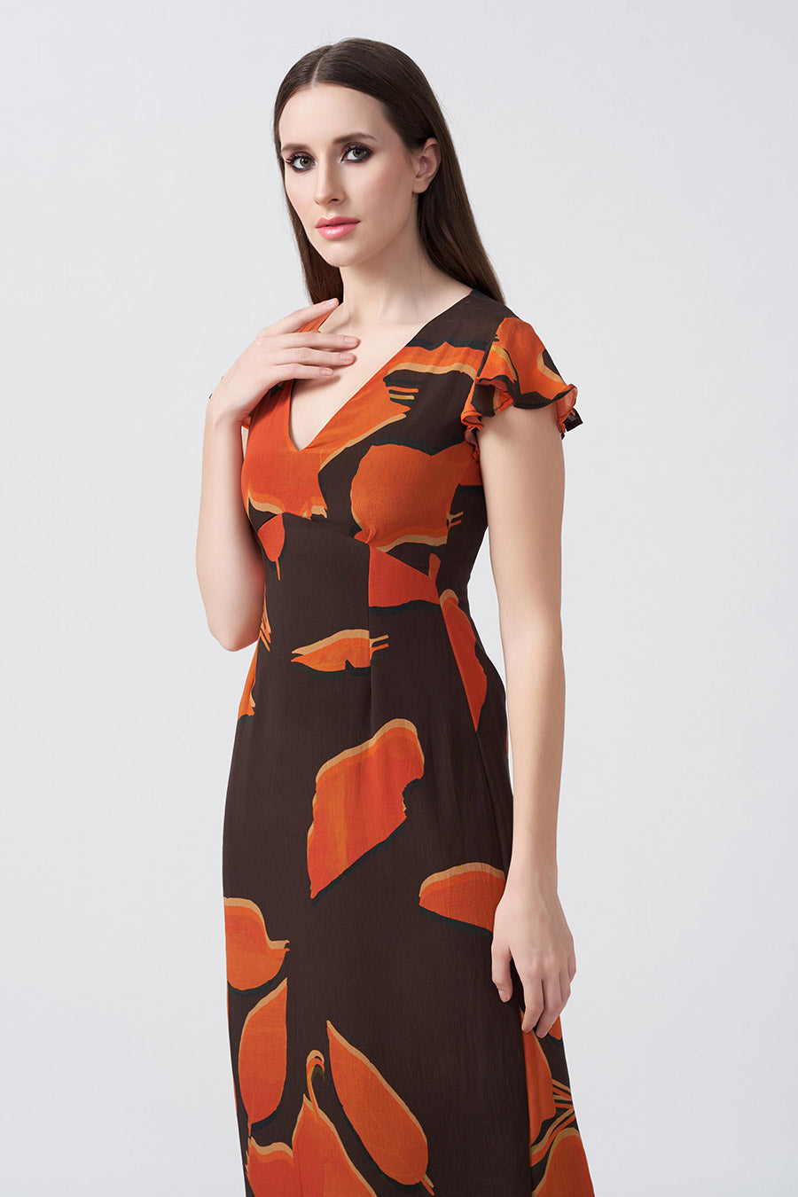 Brown Abstract Printed Long Dress