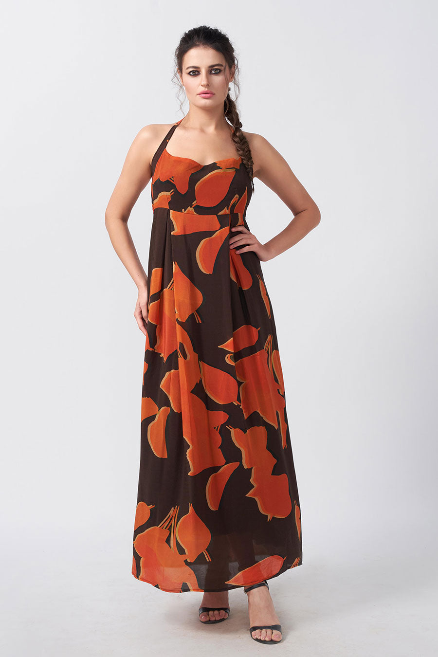 Brown Abstract Printed Halter Long Dress