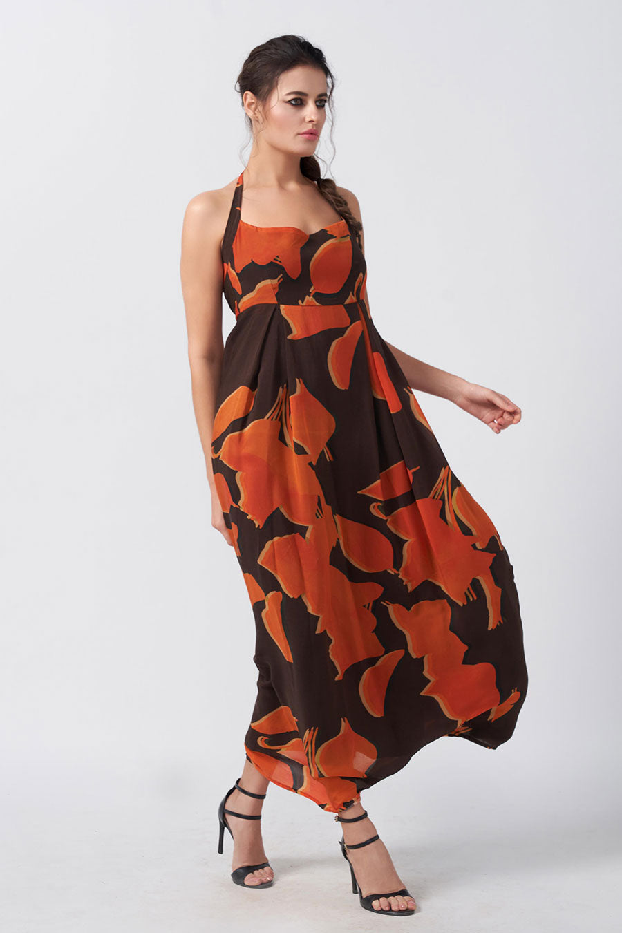 Brown Abstract Printed Halter Long Dress