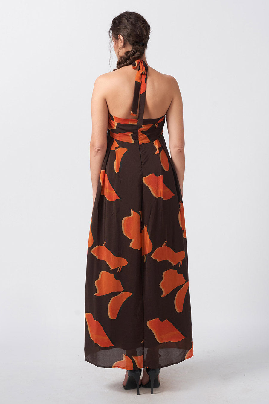 Brown Abstract Printed Halter Long Dress