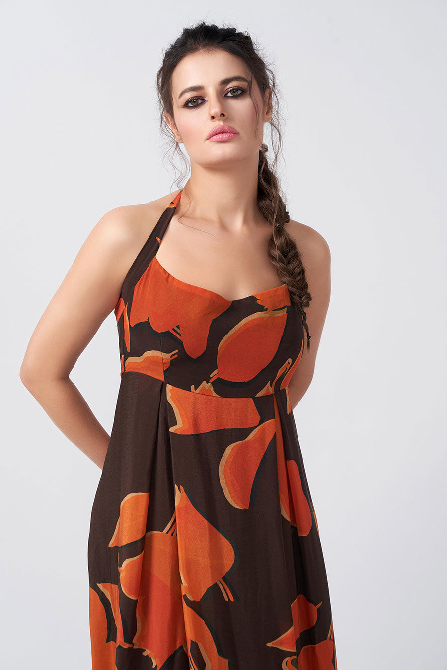Brown Abstract Printed Halter Long Dress
