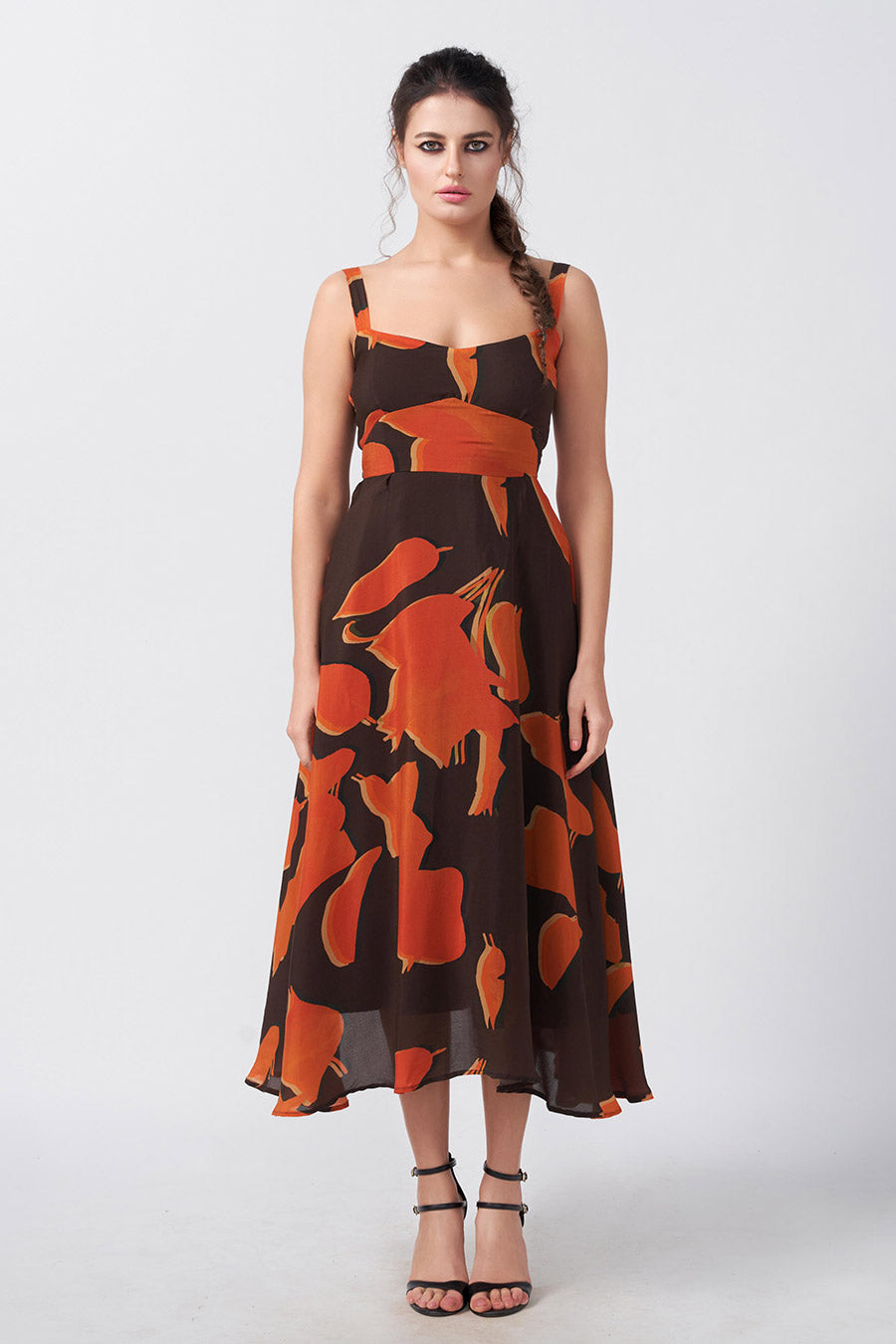 Brown Abstract Printed Midi Dress