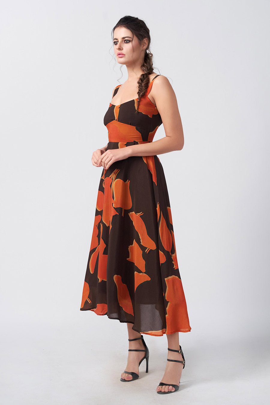 Brown Abstract Printed Midi Dress