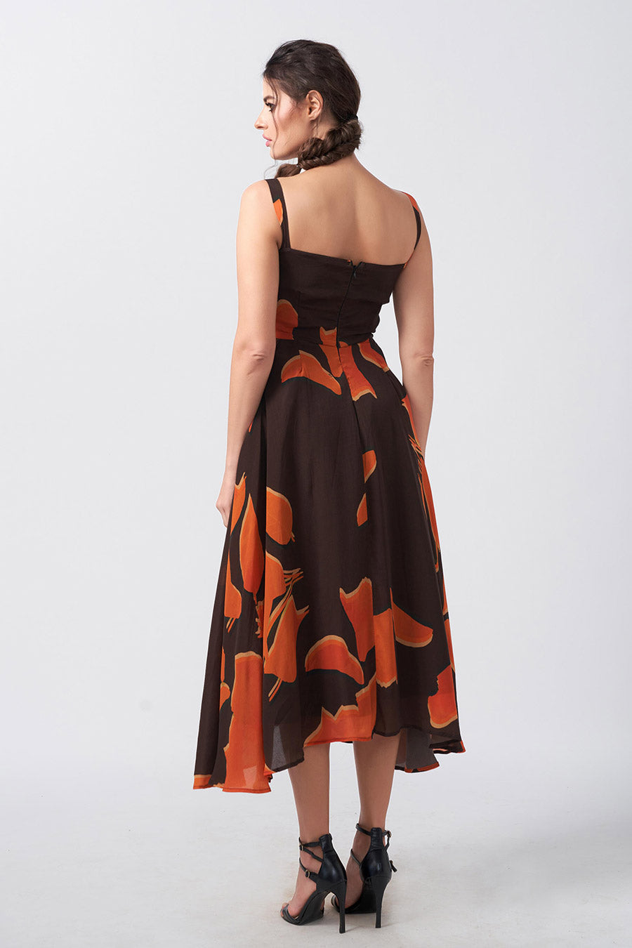 Brown Abstract Printed Midi Dress