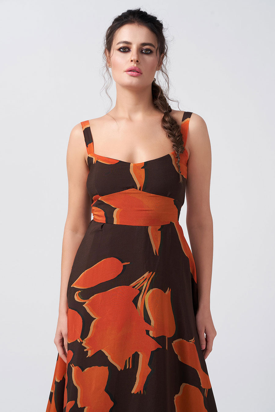 Brown Abstract Printed Midi Dress