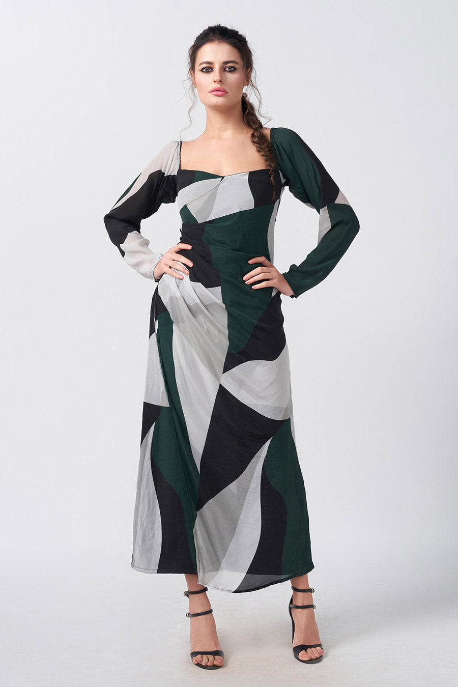Dark Green Abstract Printed Long Dress