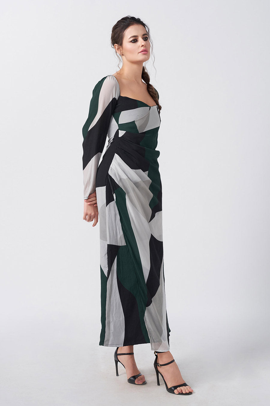 Dark Green Abstract Printed Long Dress