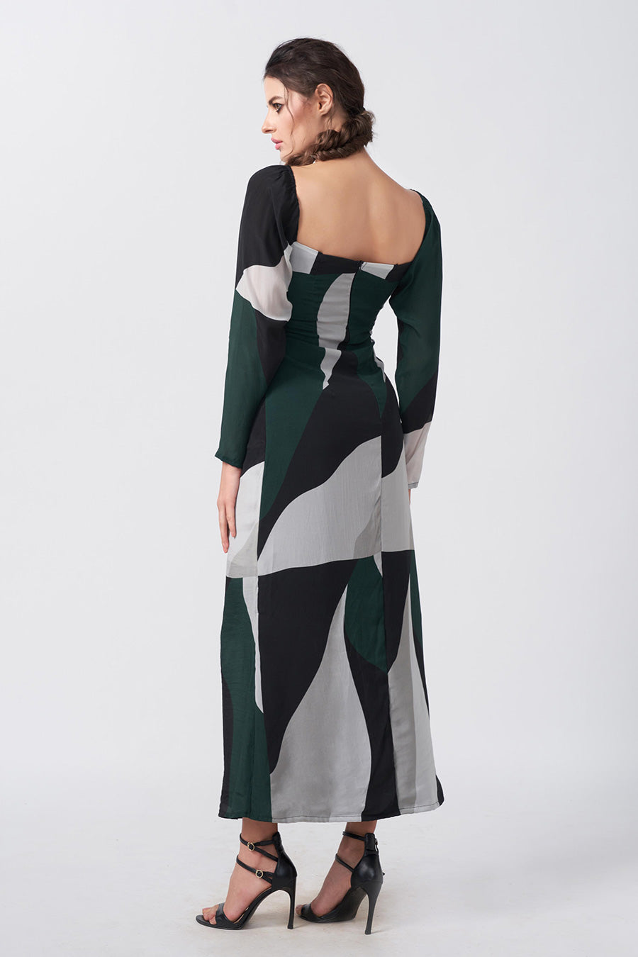 Dark Green Abstract Printed Long Dress