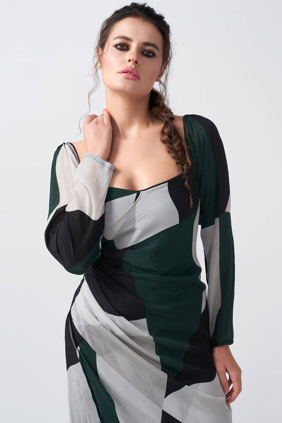 Dark Green Abstract Printed Long Dress