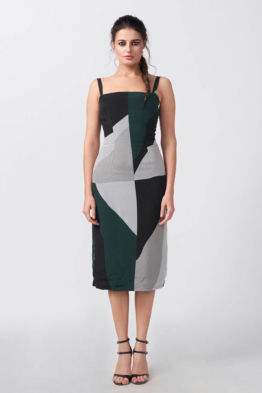 Dark Green Abstract Printed Strap Midi Dress