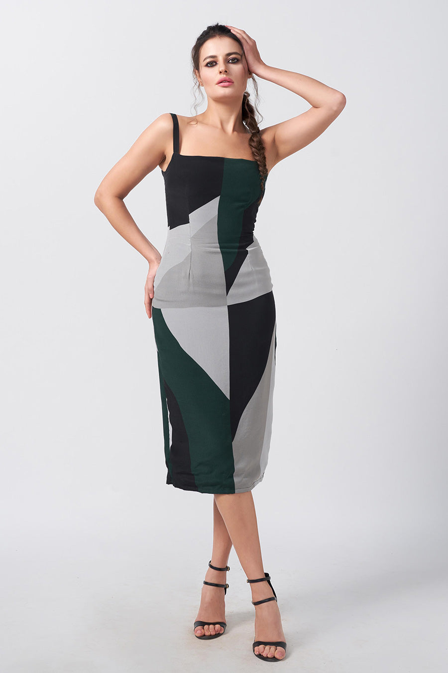 Dark Green Abstract Printed Strap Midi Dress