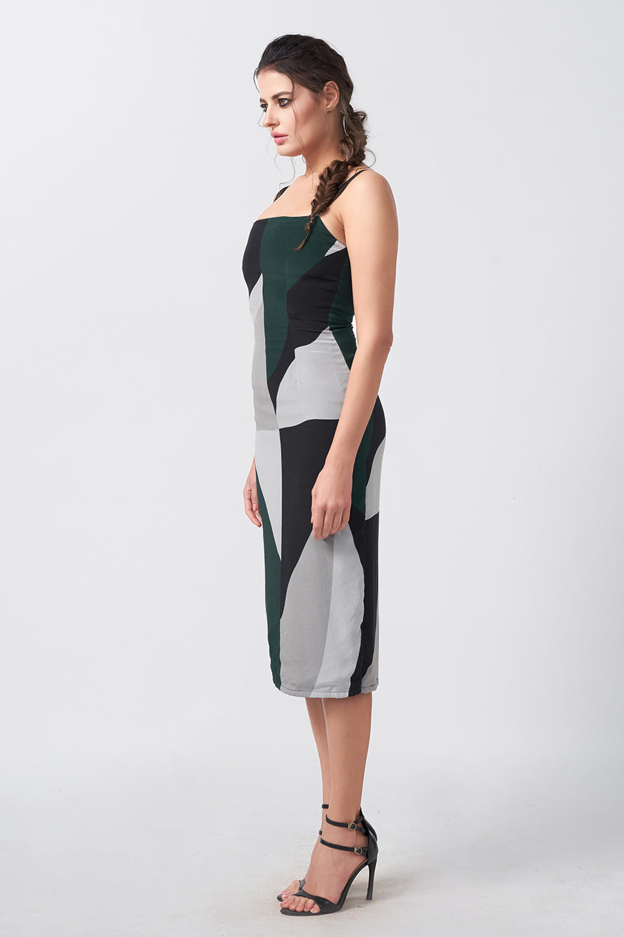 Dark Green Abstract Printed Strap Midi Dress