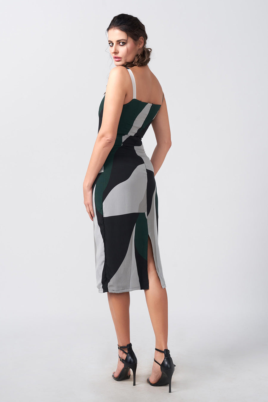Dark Green Abstract Printed Strap Midi Dress