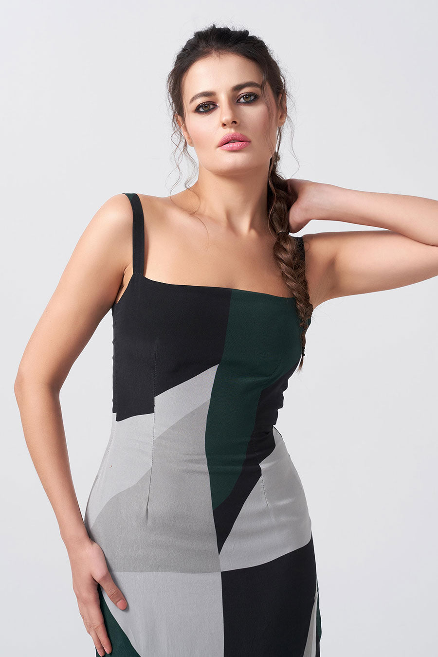 Dark Green Abstract Printed Strap Midi Dress