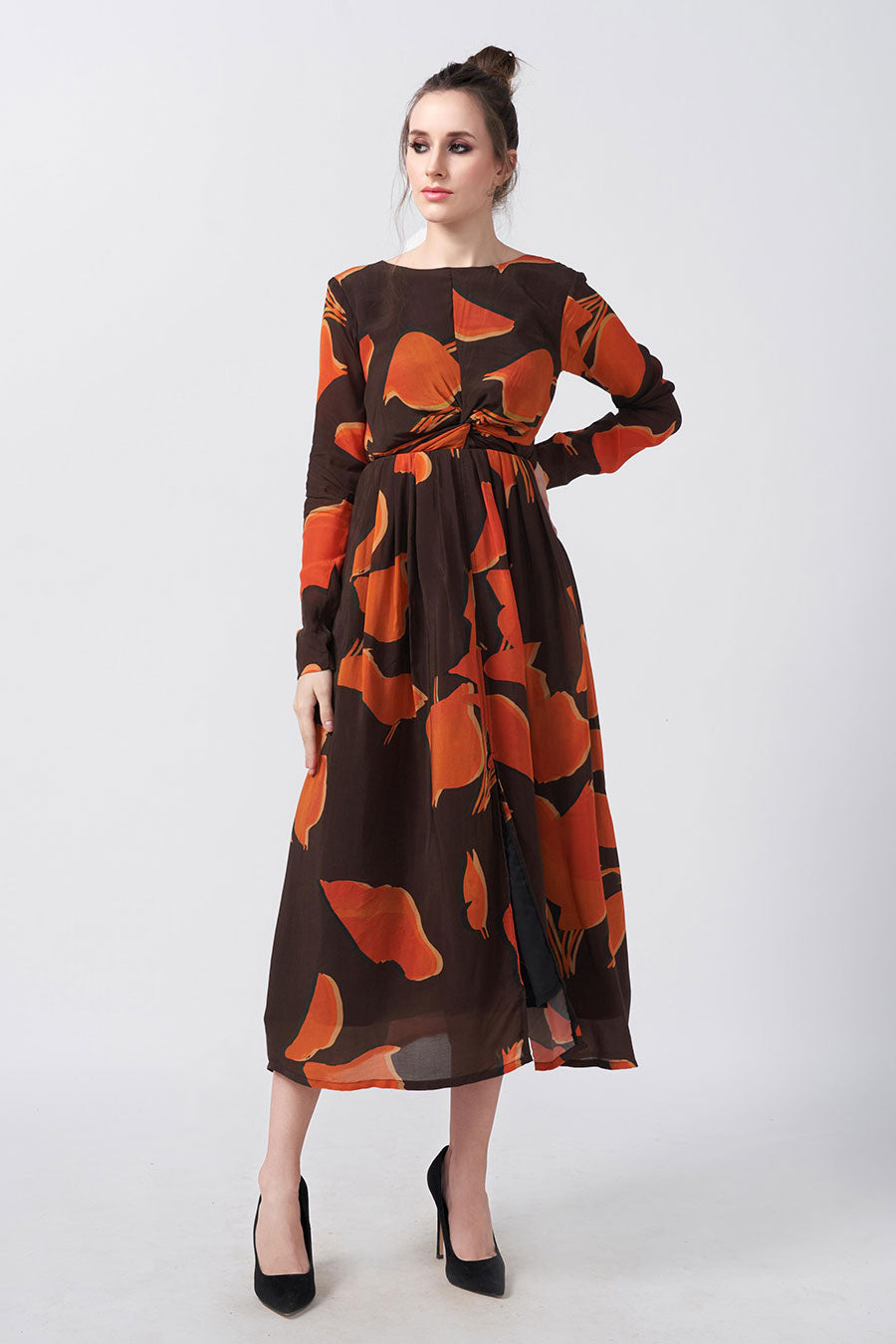 Brown Abstract Printed Knotted Midi Dress