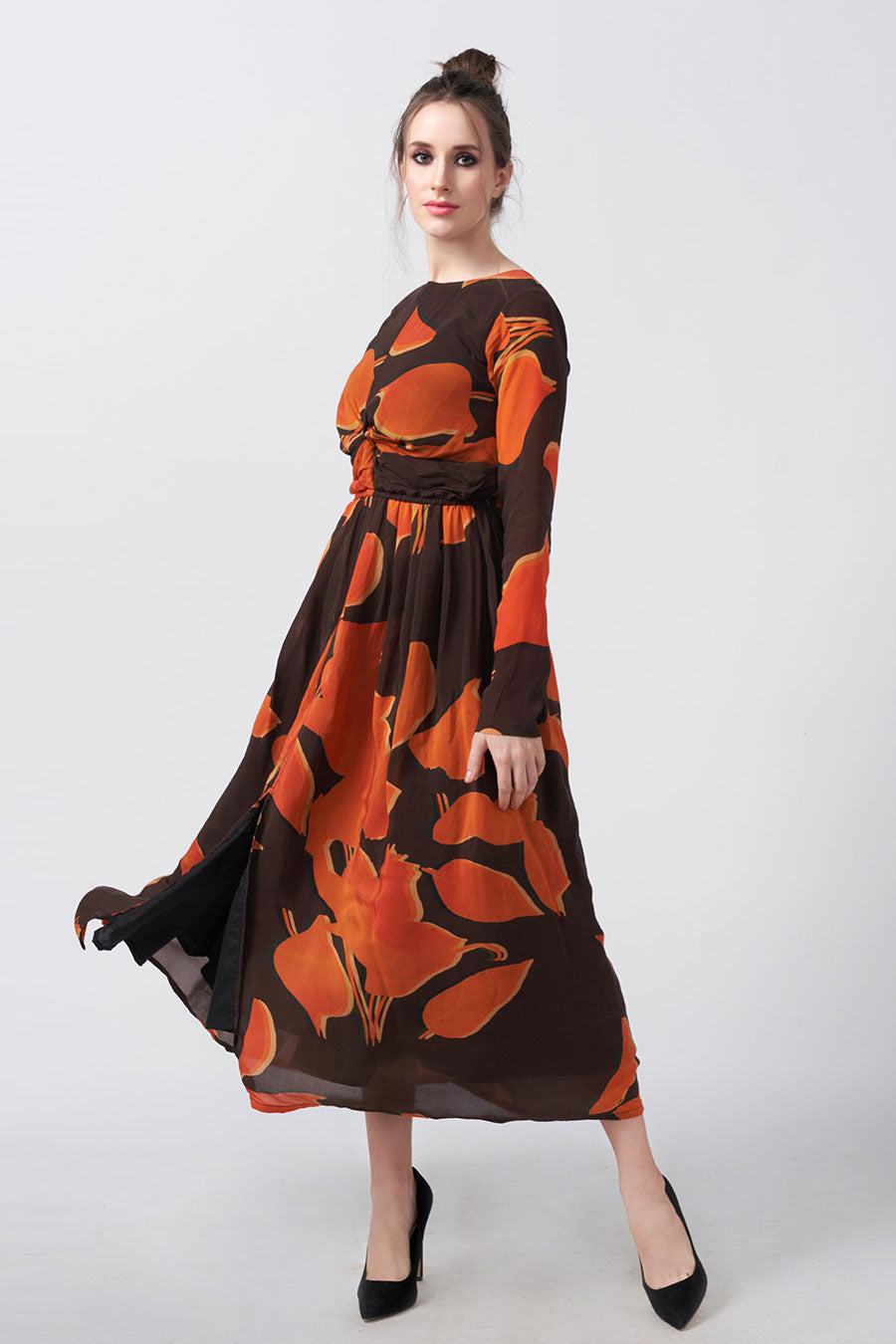 Brown Abstract Printed Knotted Midi Dress