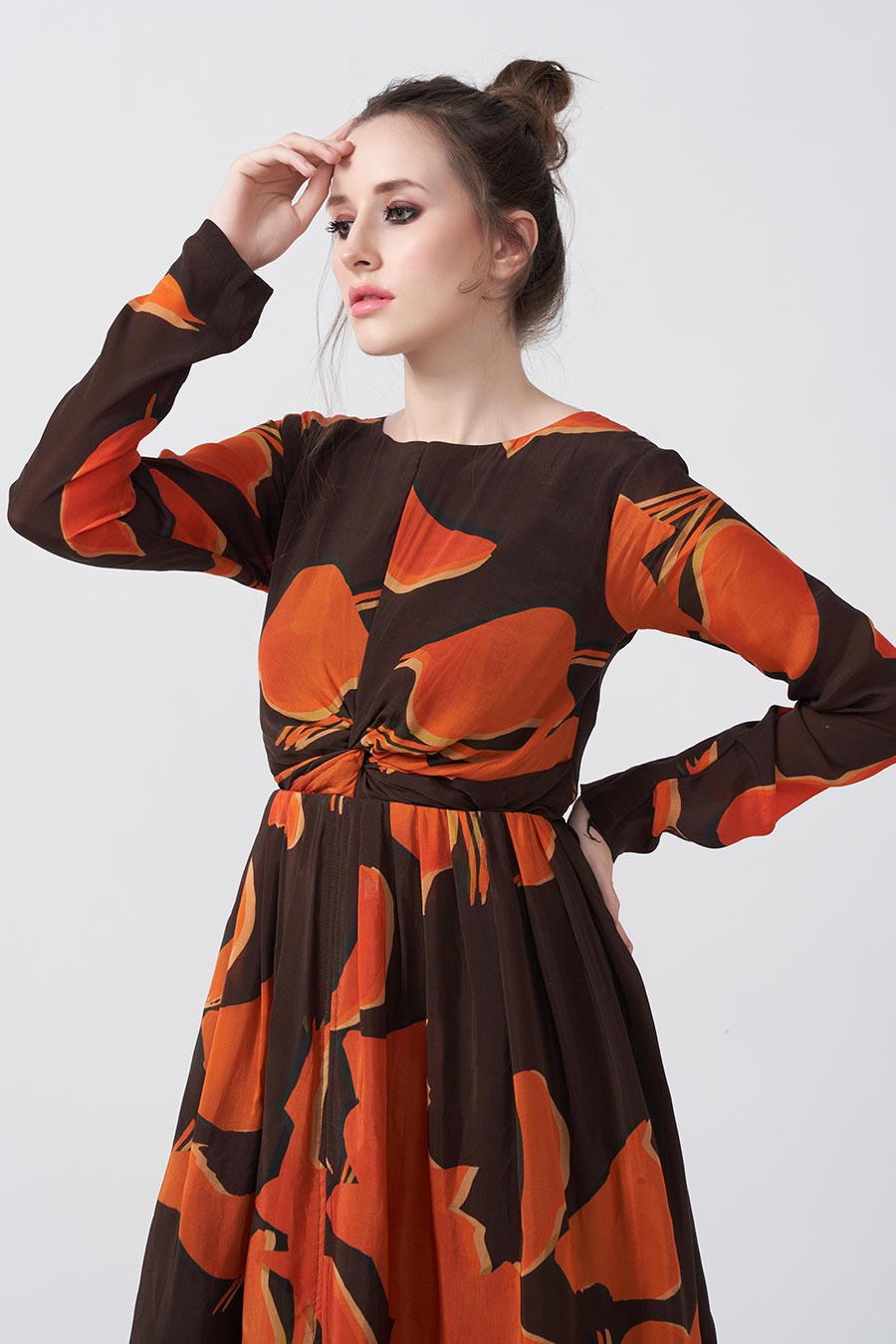 Brown Abstract Printed Knotted Midi Dress