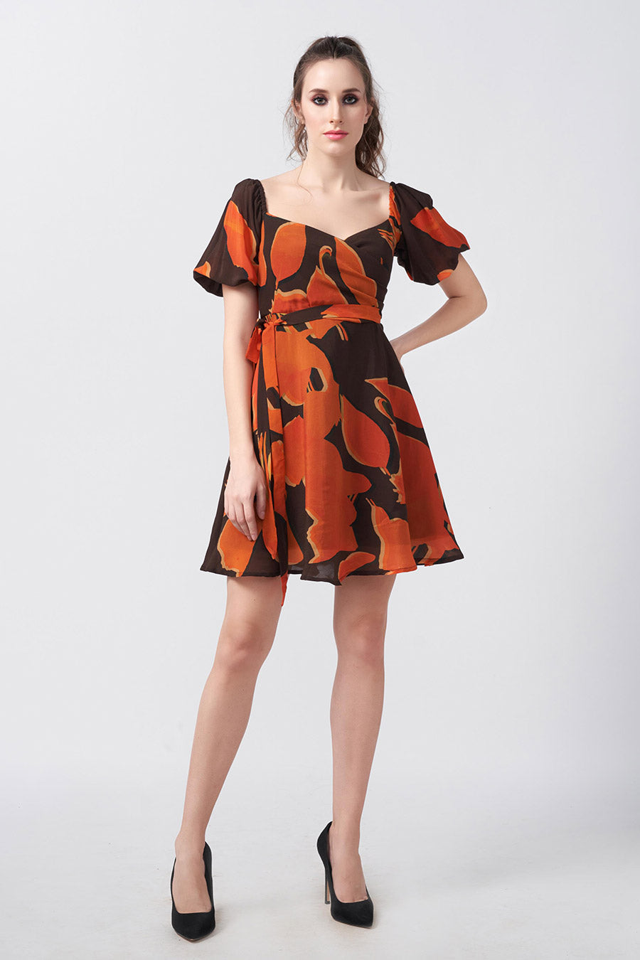 Brown Abstract Printed Short Dress